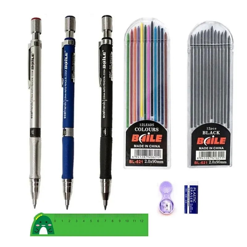 Mechanical Pencil Set 2.0mm with 2B Black/Colors Lead Refill Eraser for Student Writing Sketching Painting Automatic Pencil - Slobuy