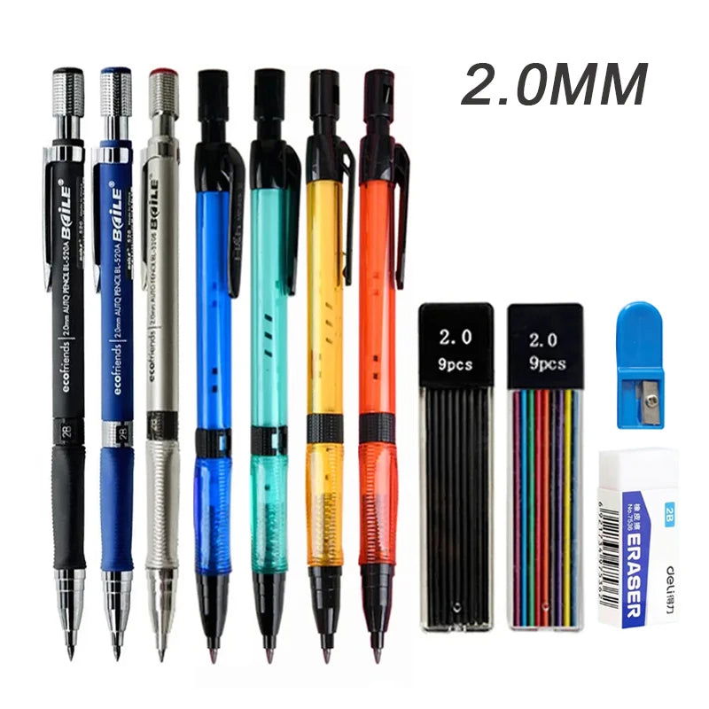 Mechanical Pencil Set 2.0mm with 2B Black/Colors Lead Refill for Writing Sketching Art Drawing Painting School Automatic Pencils - Slobuy