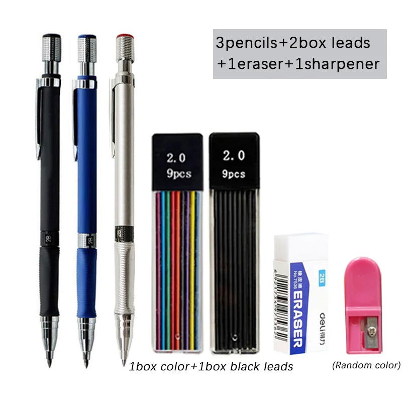 Mechanical Pencil Set 2.0mm with 2B Black/Colors Lead Refill for Writing Sketching Art Drawing Painting School Automatic Pencils - Slobuy