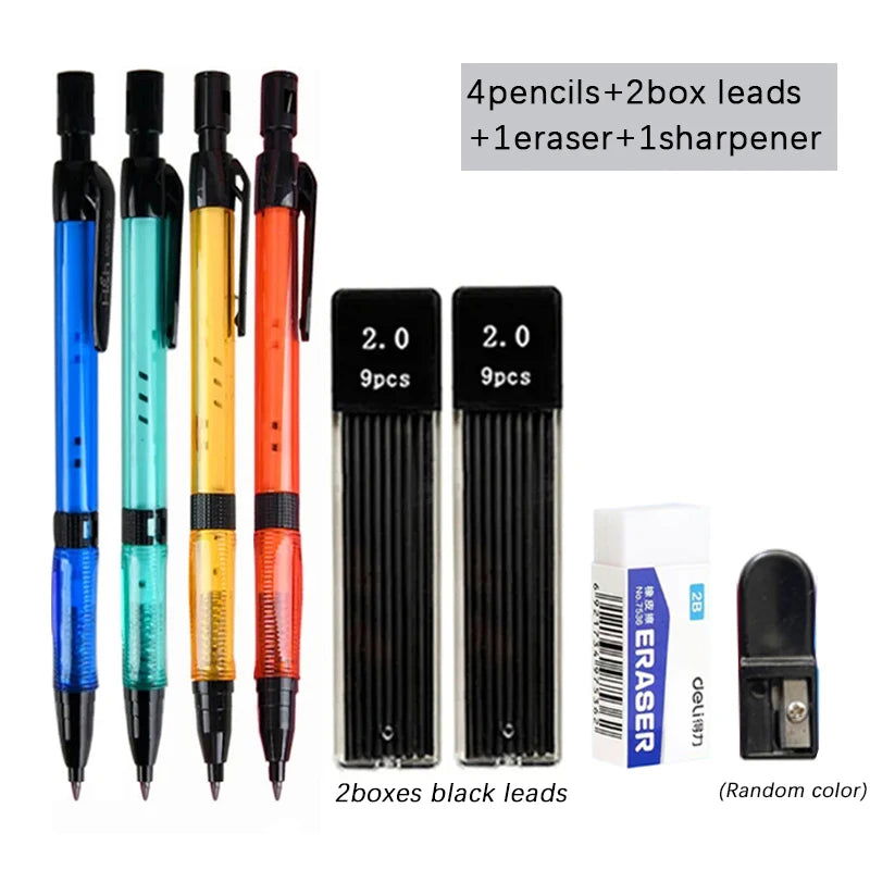 Mechanical Pencil Set 2.0mm with 2B Black/Colors Lead Refill for Writing Sketching Art Drawing Painting School Automatic Pencils - Slobuy
