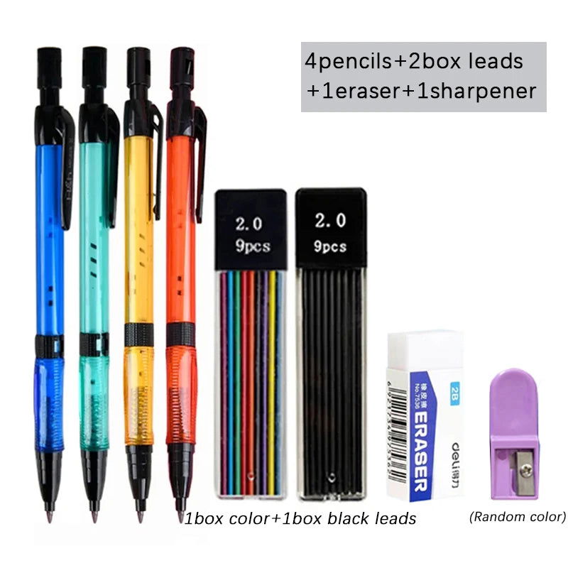 Mechanical Pencil Set 2.0mm with 2B Black/Colors Lead Refill for Writing Sketching Art Drawing Painting School Automatic Pencils - Slobuy