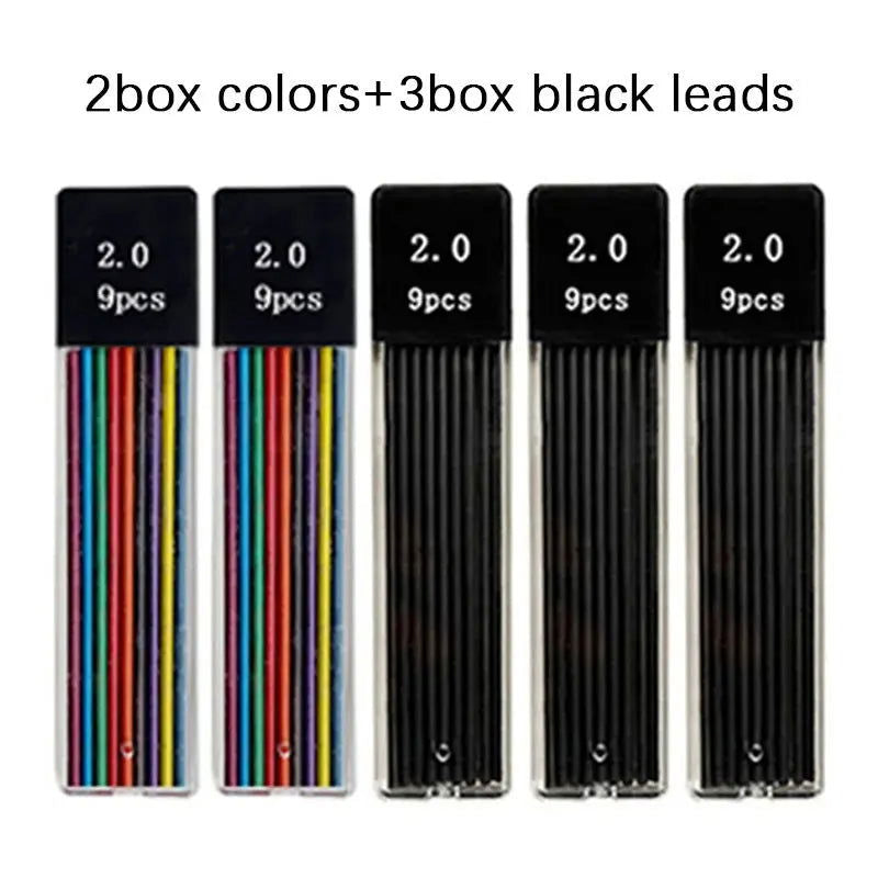 Mechanical Pencil Set 2.0mm with 2B Black/Colors Lead Refill for Writing Sketching Art Drawing Painting School Automatic Pencils - Slobuy