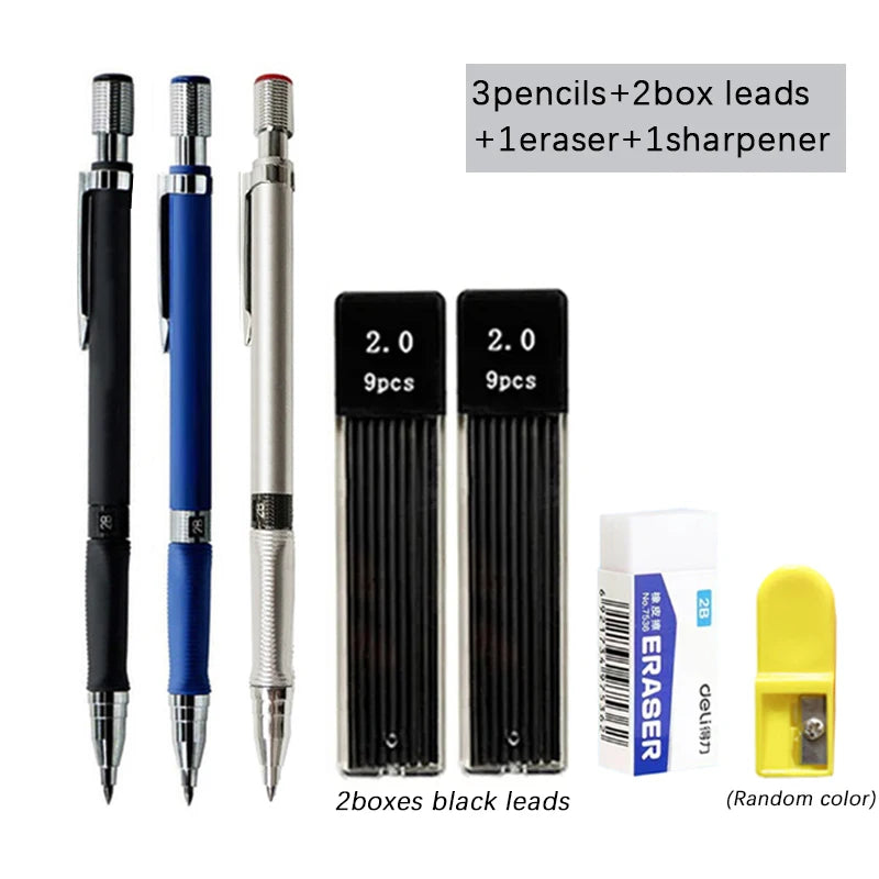 Mechanical Pencil Set 2.0mm with 2B Black/Colors Lead Refill for Writing Sketching Art Drawing Painting School Automatic Pencils - Slobuy