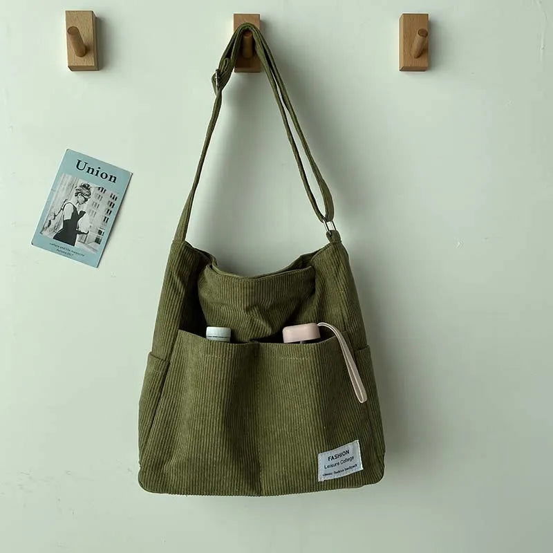 Corduroy Shoulder Bags 2023 Women Fashion Leisure College Style Shopper Multi-Pocket Large Capacity Designer Handbags Totes Bags - Slobuy