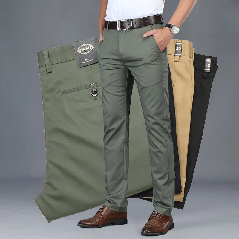 Cotton Casual Pants Mens Clothing Straight Business Green Black Khaki Trousers Male Brand 2023 - Slobuy