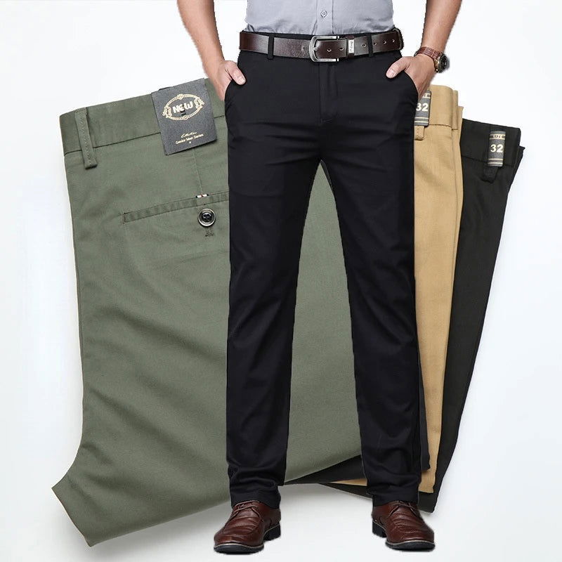 Cotton Casual Pants Mens Clothing Straight Business Green Black Khaki Trousers Male Brand 2023 - Slobuy