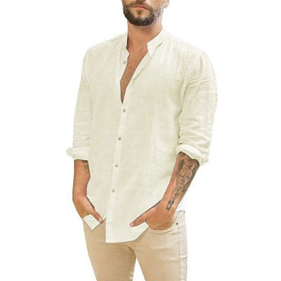 Cotton Linen Hot Sale Men's Long-Sleeved Shirts Summer Solid Color  Stand-Up Collar Casual Beach Style Plus Size - Slobuy