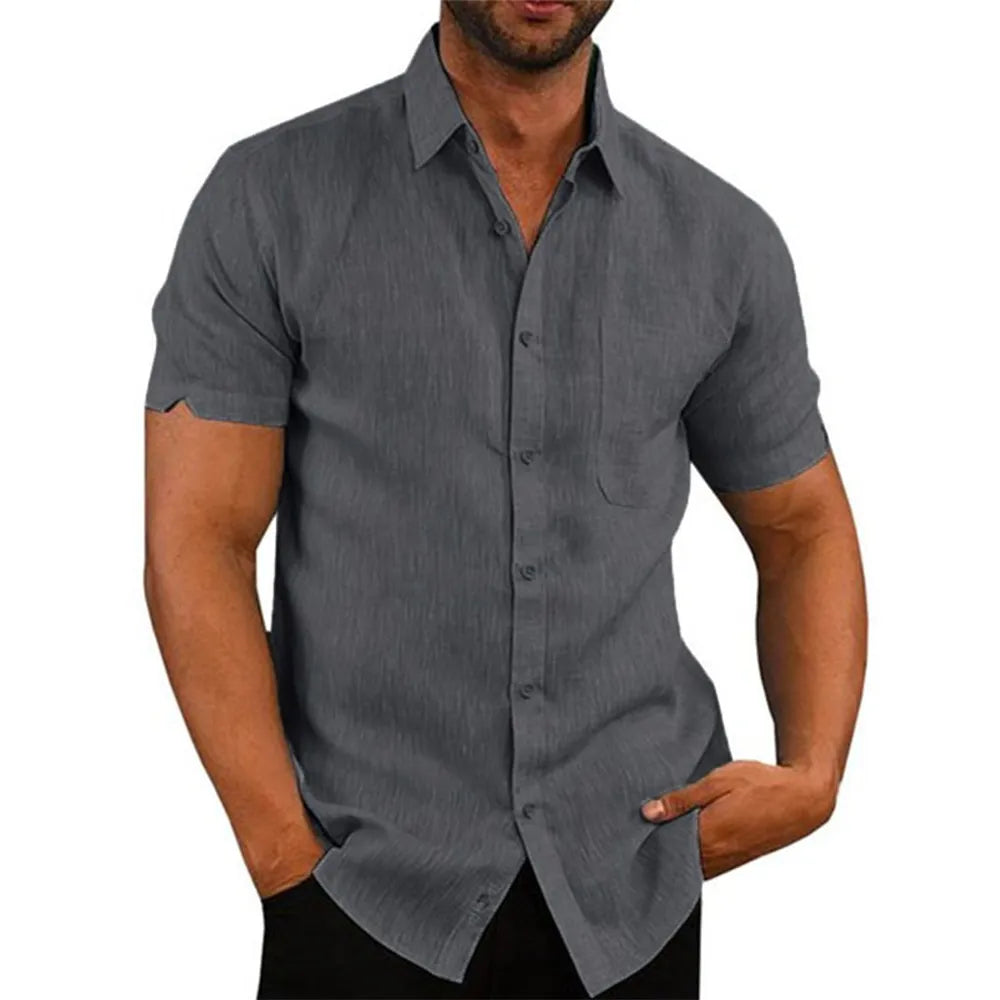 Cotton Linen Hot Sale Men's Short-Sleeved Shirts Summer Solid Color Turn-down collar Casual Beach Style Plus Size - Slobuy