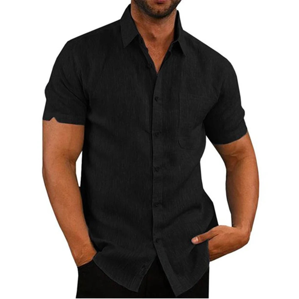 Cotton Linen Hot Sale Men's Short-Sleeved Shirts Summer Solid Color Turn-down collar Casual Beach Style Plus Size - Slobuy