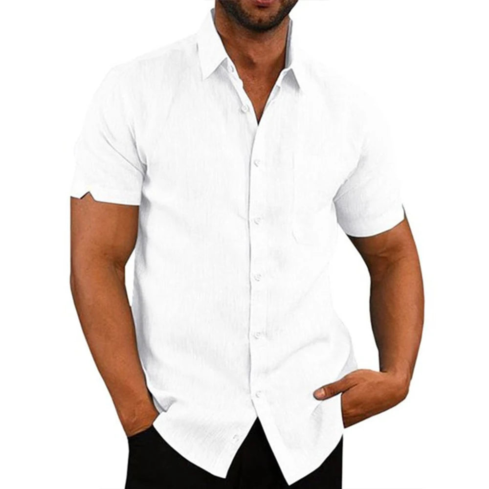 Cotton Linen Hot Sale Men's Short-Sleeved Shirts Summer Solid Color Turn-down collar Casual Beach Style Plus Size - Slobuy
