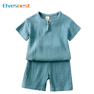 Cotton Linen Kids Clothes Girls Outfit Summer Boy Clothing Sets Solid Color Short Sleeve Tops Shorts Children Clothing 2-7 Years - Slobuy