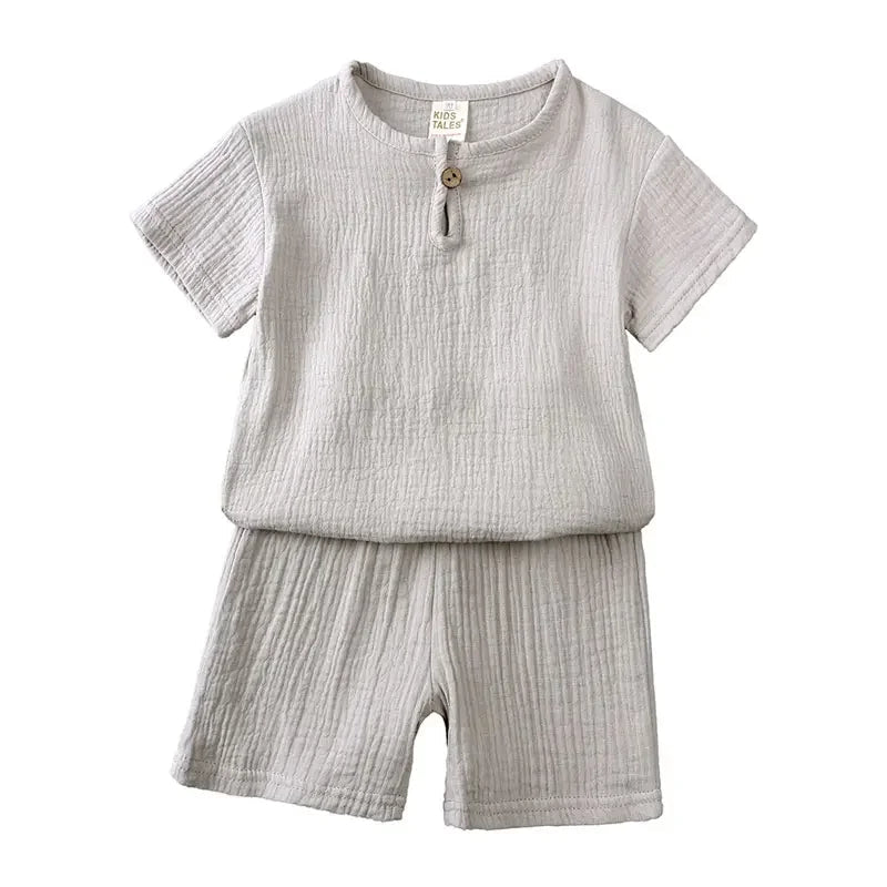 Cotton Linen Kids Clothes Girls Outfit Summer Boy Clothing Sets Solid Color Short Sleeve Tops Shorts Children Clothing 2-7 Years - Slobuy