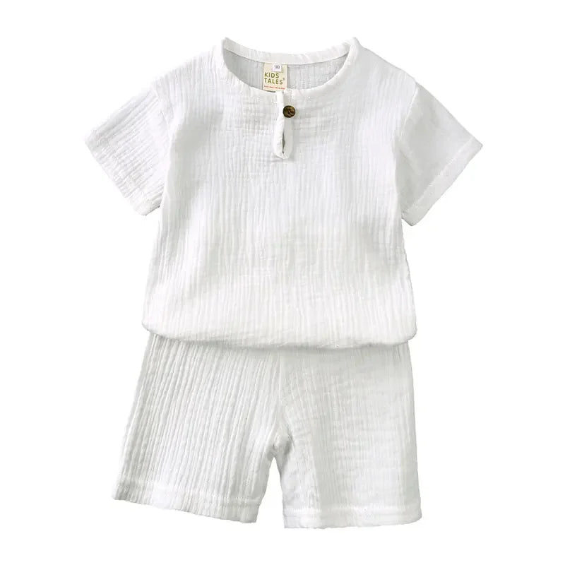 Cotton Linen Kids Clothes Girls Outfit Summer Boy Clothing Sets Solid Color Short Sleeve Tops Shorts Children Clothing 2-7 Years - Slobuy