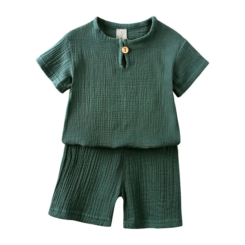 Cotton Linen Kids Clothes Girls Outfit Summer Boy Clothing Sets Solid Color Short Sleeve Tops Shorts Children Clothing 2-7 Years - Slobuy