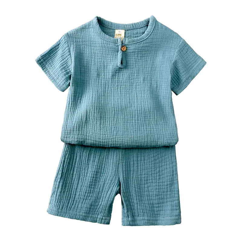 Cotton Linen Kids Clothes Girls Outfit Summer Boy Clothing Sets Solid Color Short Sleeve Tops Shorts Children Clothing 2-7 Years - Slobuy