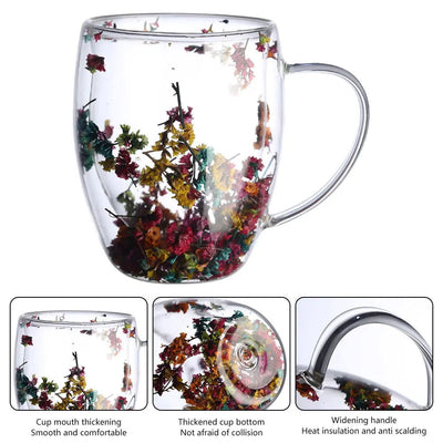 Creative Double Wall Glass Cup Real Flower Conch Flash Filler Glass Cups High Borosilicate Glass Cups with Handle Kitchen Supply - Slobuy