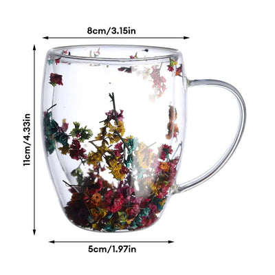 Creative Double Wall Glass Cup Real Flower Conch Flash Filler Glass Cups High Borosilicate Glass Cups with Handle Kitchen Supply - Slobuy