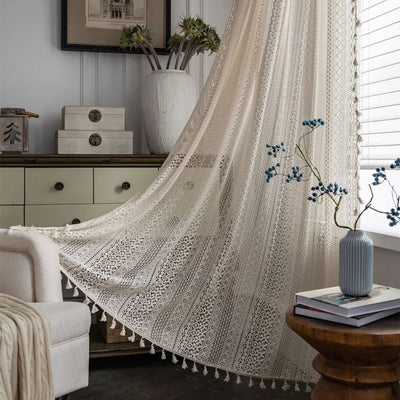 Crochet Translucent Curtain for Living Room, American Country Style Hollow Boho Art Decor for Bedroom and Balcony - Slobuy
