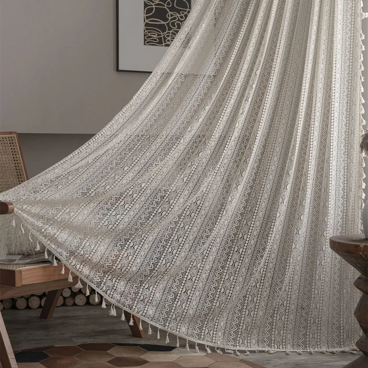 Crochet Translucent Curtain for Living Room, American Country Style Hollow Boho Art Decor for Bedroom and Balcony - Slobuy