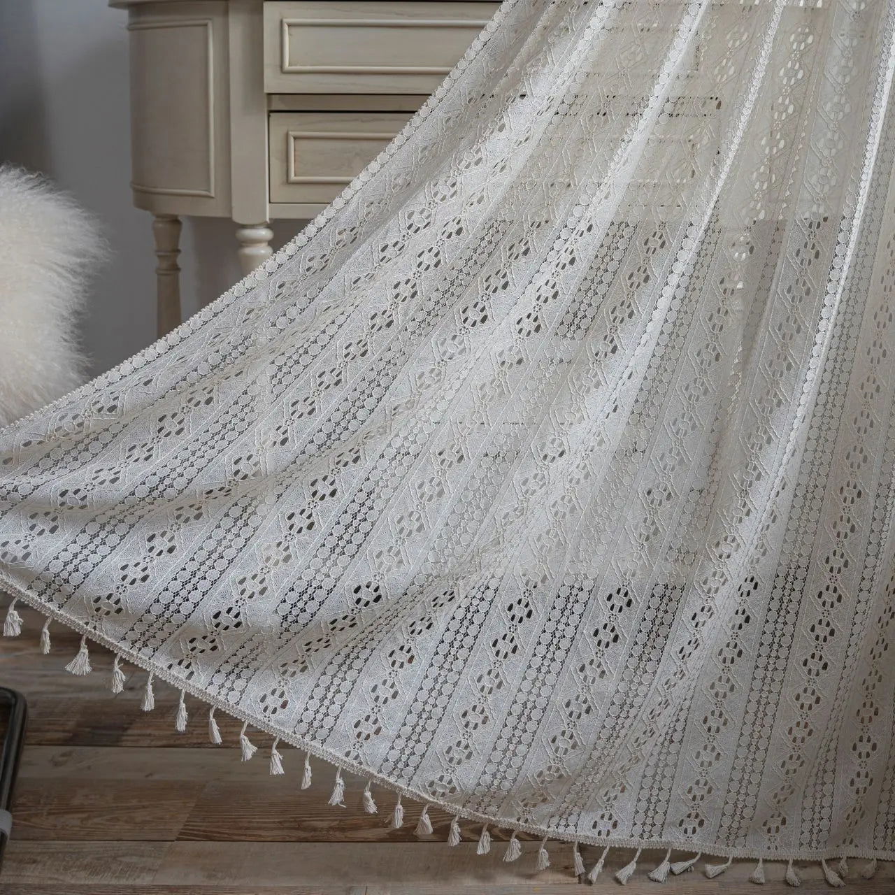 Crochet Translucent Curtain for Living Room, American Country Style Hollow Boho Art Decor for Bedroom and Balcony - Slobuy
