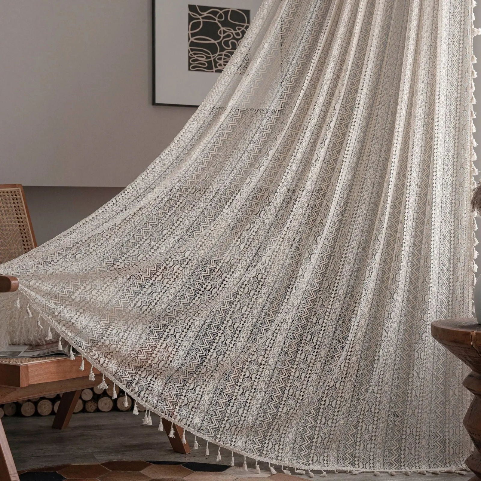 Crochet Translucent Curtain for Living Room, American Country Style Hollow Boho Art Decor for Bedroom and Balcony - Slobuy