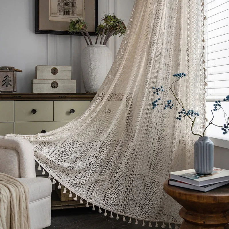 Crochet Translucent Curtain for Living Room, American Country Style Hollow Boho Art Decor for Bedroom and Balcony - Slobuy