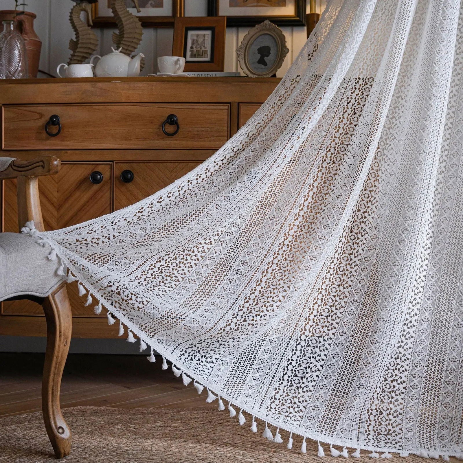 Crochet Translucent Curtain for Living Room, American Country Style Hollow Boho Art Decor for Bedroom and Balcony - Slobuy