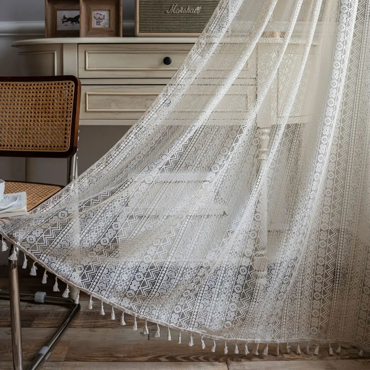 Crochet Translucent Curtain for Living Room, American Country Style Hollow Boho Art Decor for Bedroom and Balcony - Slobuy
