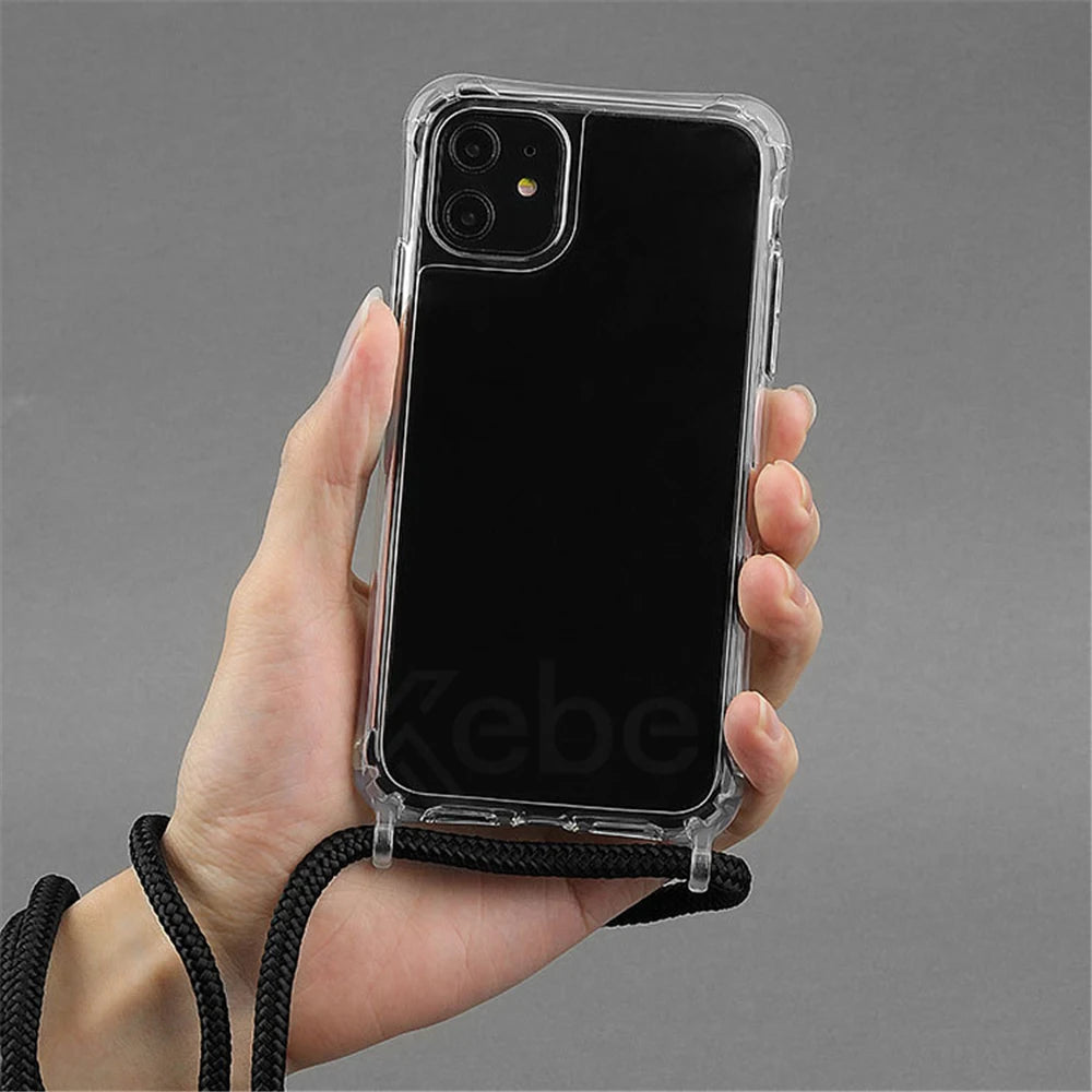 Crossbody Necklace Cord Lanyard Transparent Hard Phone Case For iPhone 15 14 13 12 11 Pro Max XS XR X 8 7 Plus Clear Soft Cover - Slobuy