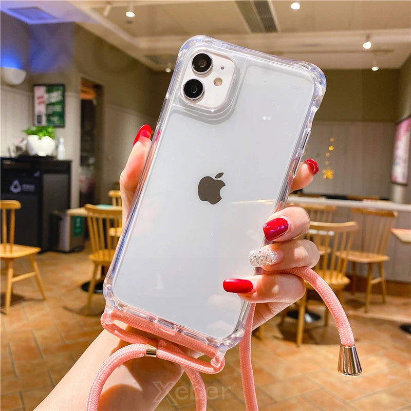 Crossbody Necklace Cord Lanyard Transparent Hard Phone Case For iPhone 15 14 13 12 11 Pro Max XS XR X 8 7 Plus Clear Soft Cover - Slobuy