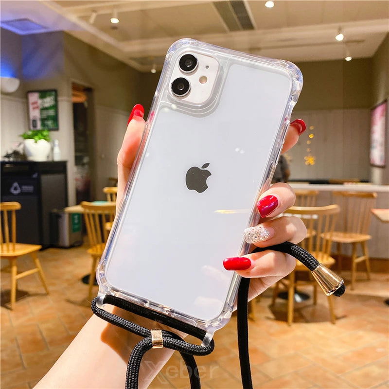 Crossbody Necklace Cord Lanyard Transparent Hard Phone Case For iPhone 15 14 13 12 11 Pro Max XS XR X 8 7 Plus Clear Soft Cover - Slobuy