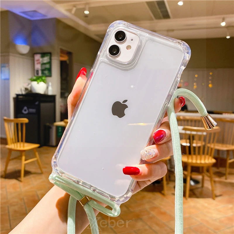 Crossbody Necklace Cord Lanyard Transparent Hard Phone Case For iPhone 15 14 13 12 11 Pro Max XS XR X 8 7 Plus Clear Soft Cover - Slobuy
