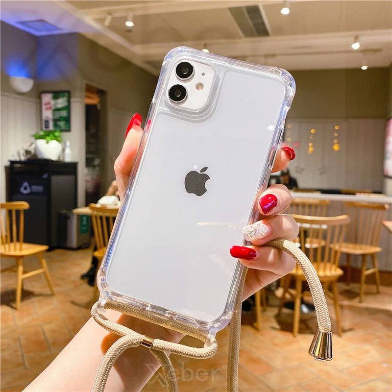 Crossbody Necklace Cord Lanyard Transparent Hard Phone Case For iPhone 15 14 13 12 11 Pro Max XS XR X 8 7 Plus Clear Soft Cover - Slobuy