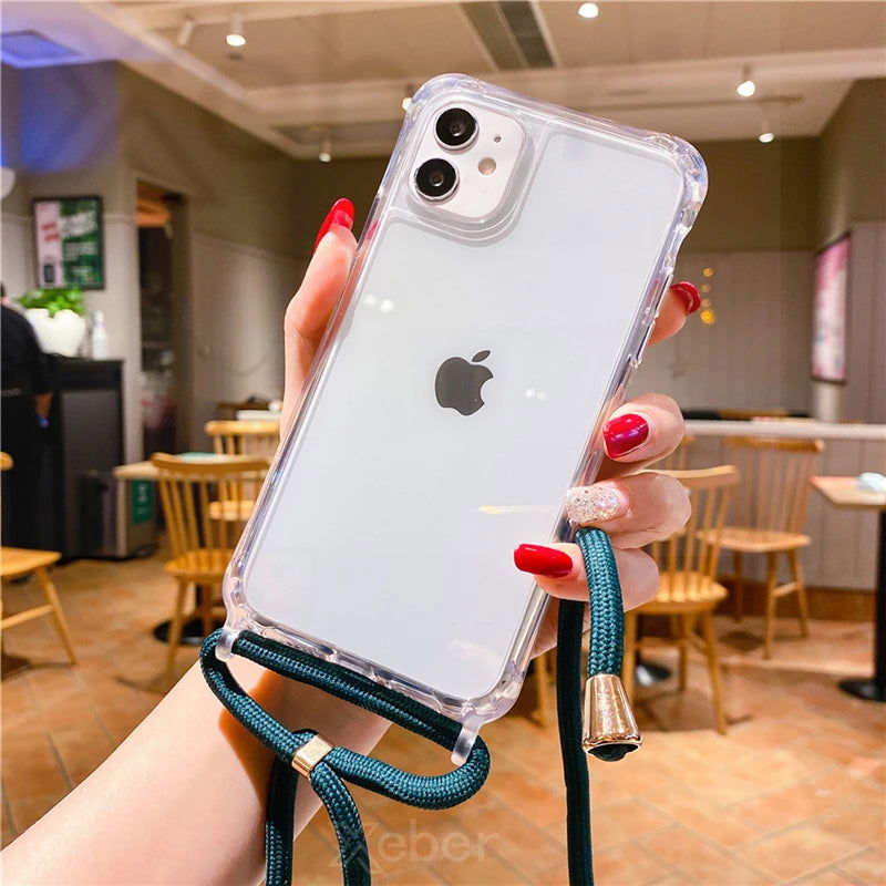 Crossbody Necklace Cord Lanyard Transparent Hard Phone Case For iPhone 15 14 13 12 11 Pro Max XS XR X 8 7 Plus Clear Soft Cover - Slobuy