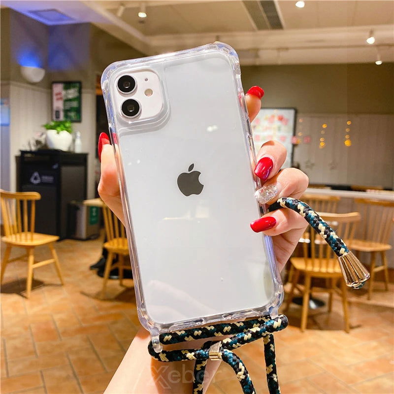 Crossbody Necklace Cord Lanyard Transparent Hard Phone Case For iPhone 15 14 13 12 11 Pro Max XS XR X 8 7 Plus Clear Soft Cover - Slobuy