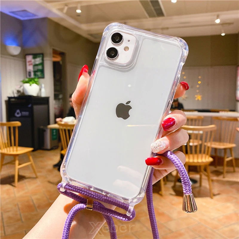 Crossbody Necklace Cord Lanyard Transparent Hard Phone Case For iPhone 15 14 13 12 11 Pro Max XS XR X 8 7 Plus Clear Soft Cover - Slobuy