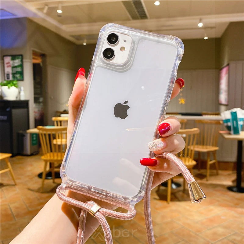 Crossbody Necklace Cord Lanyard Transparent Hard Phone Case For iPhone 15 14 13 12 11 Pro Max XS XR X 8 7 Plus Clear Soft Cover - Slobuy