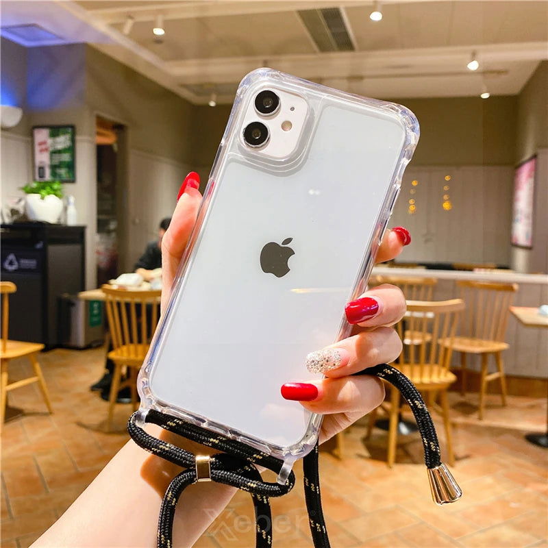 Crossbody Necklace Cord Lanyard Transparent Hard Phone Case For iPhone 15 14 13 12 11 Pro Max XS XR X 8 7 Plus Clear Soft Cover - Slobuy