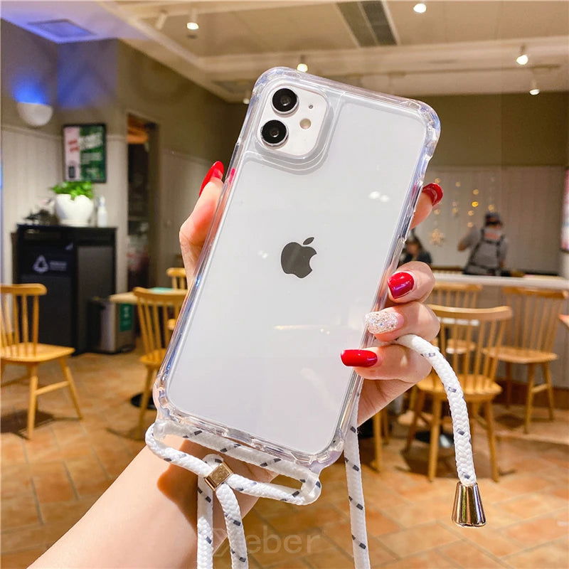 Crossbody Necklace Cord Lanyard Transparent Hard Phone Case For iPhone 15 14 13 12 11 Pro Max XS XR X 8 7 Plus Clear Soft Cover - Slobuy