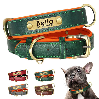 Customized Leather ID Nameplate Dog Collar Soft Padded Dogs Collars Free Engraving Name for Small Medium Large Dogs Adjustable - Slobuy