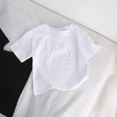 Cute Bear Printed Tops Boys Girls Summer New Clothing TShirt Solid Color Tops Children ThinCasual Loose Crew Neck Pullover Shirt - Slobuy