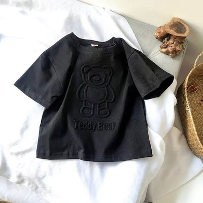 Cute Bear Printed Tops Boys Girls Summer New Clothing TShirt Solid Color Tops Children ThinCasual Loose Crew Neck Pullover Shirt - Slobuy