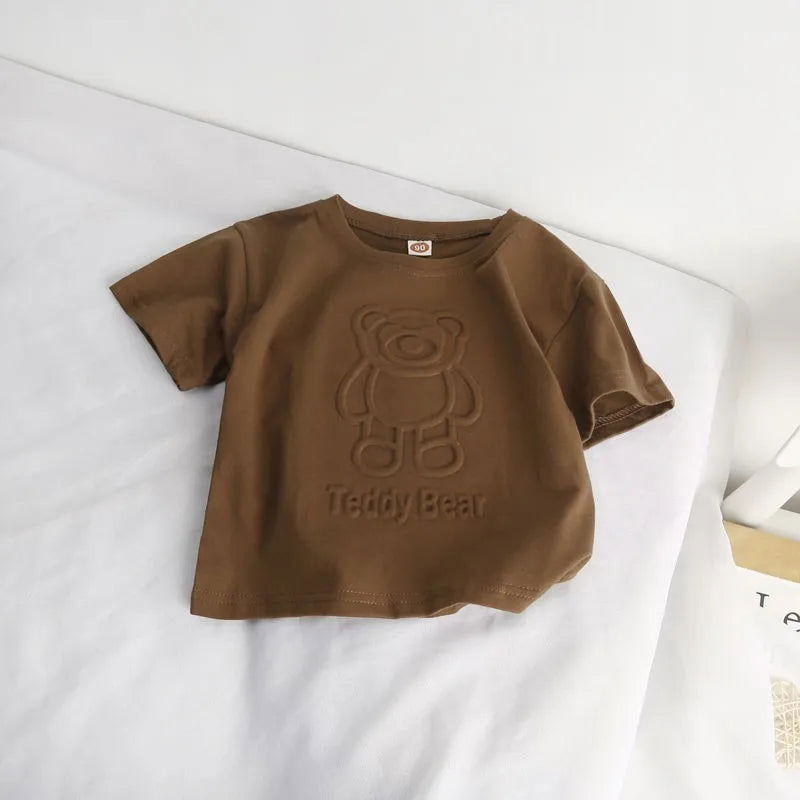 Cute Bear Printed Tops Boys Girls Summer New Clothing TShirt Solid Color Tops Children ThinCasual Loose Crew Neck Pullover Shirt - Slobuy