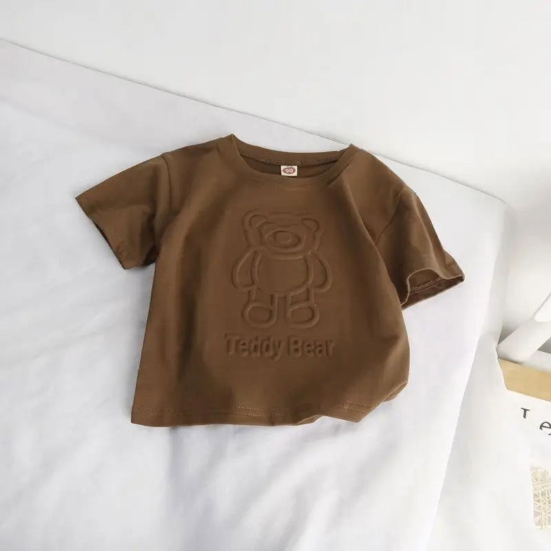 Cute Bear Printed Tops Boys Girls Summer New Clothing TShirt Solid Color Tops Children ThinCasual Loose Crew Neck Pullover Shirt - Slobuy