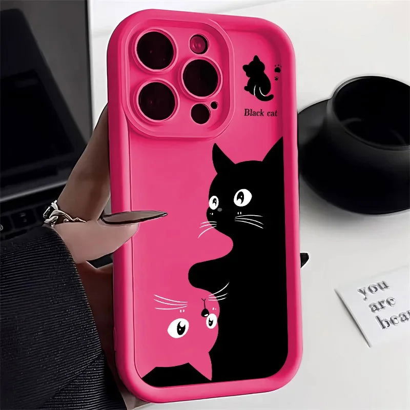 Cute Cartoon Cat Soft Phone Case For iPhone 15 Pro Max Cases iPhone 14 13 12 11 Pro Max XS Max XR X 7 8 Plus SE Shockproof Cover - Slobuy