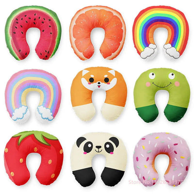 Cute Cartoon INS Style Travel Neck Pillow U-Shaped Panda Rainbow Cloud Fruit Inflatable Cushion For Kids Adults Family Friends - Slobuy
