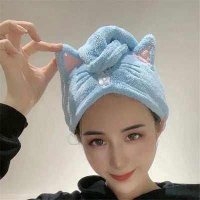 Cute Cat Hair Cap Microfiber Hair Towel Long Hair Quick Dry Hat Bath Towel Strong Water Absorbent Women Wrap Wiping Hair Towel - Slobuy
