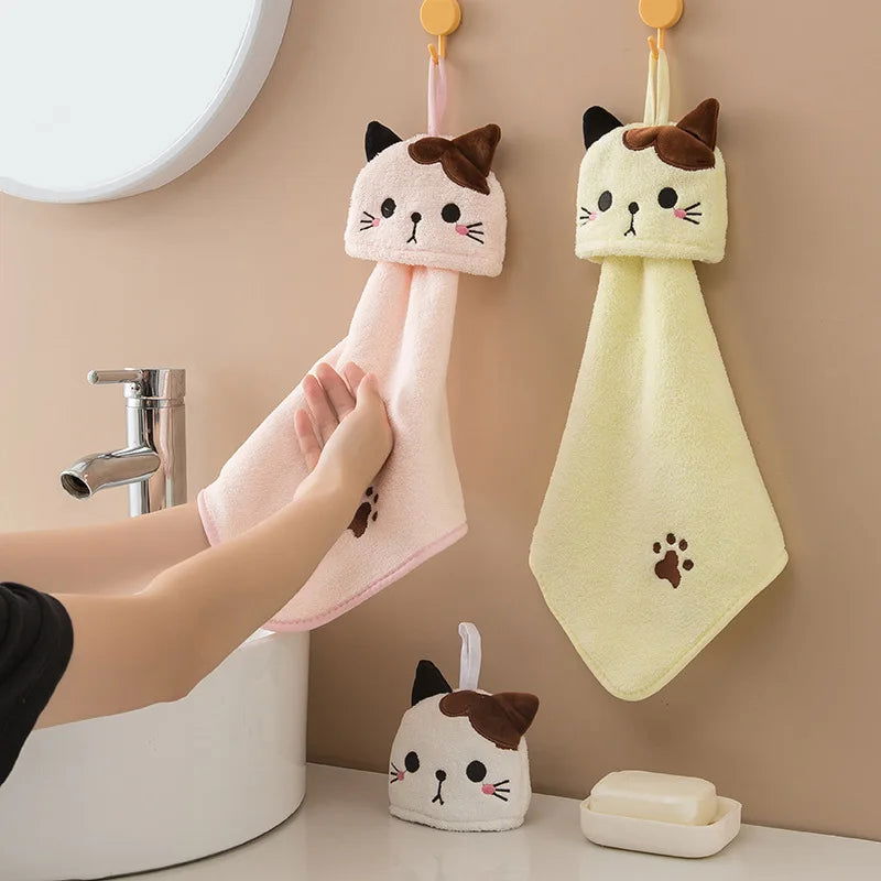 Cute Cat Kitchen Cleaning Towel Hanging Hand Towels Absorbent  Dishcloths Coral Velvet Soft Cleaning Cloth Rag - Slobuy