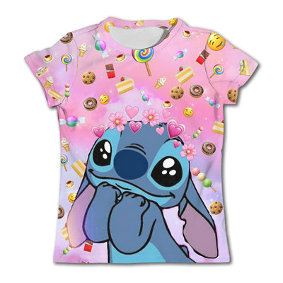 Cute Stitch printed girls T-shirt cartoon Disney children's short sleeved summer kids casual T shirts boy sports shirt quick dry - Slobuy