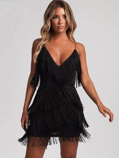 Deep V-Neck Backless Tassel Dress - Slobuy